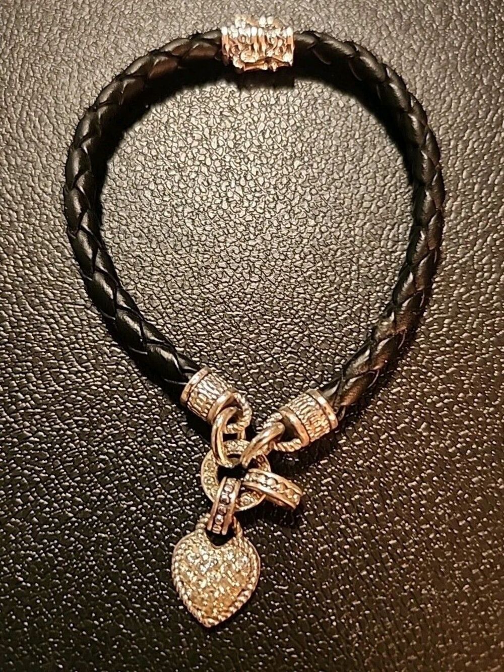 Braided Black Bracelet With Silver Tone Rhinestone Studded Heart